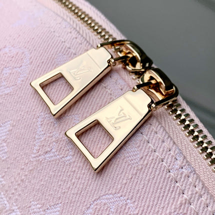 COSMETIC POUCH 27 IN PINK MONOGRAM DENIM GOLD HARDWARE