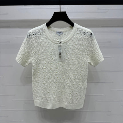 CHANEL SHORT-SLEEVE OPEN-KNIT TOP 274861