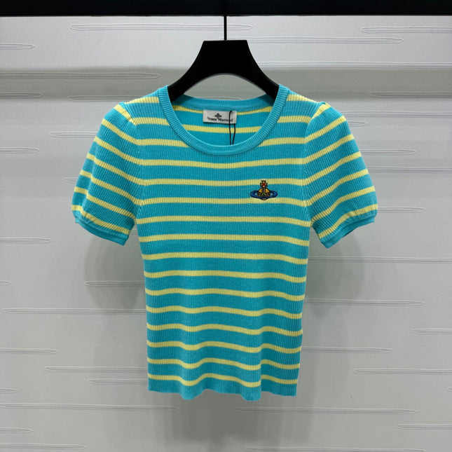 VIVIENE 25S SHORT SLEEVE STRIPED ROUND NECK KNIT SWEATER 264250