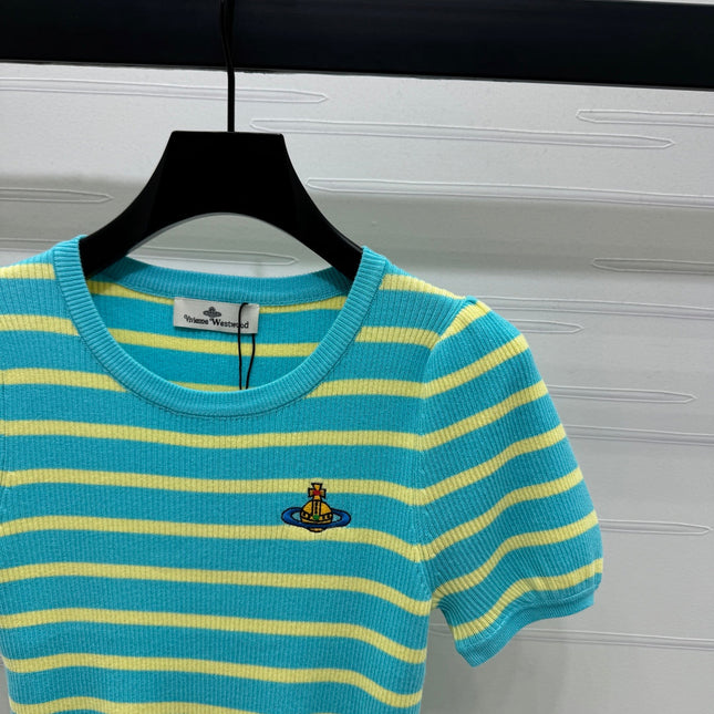 VIVIENE 25S SHORT SLEEVE STRIPED ROUND NECK KNIT SWEATER 264250