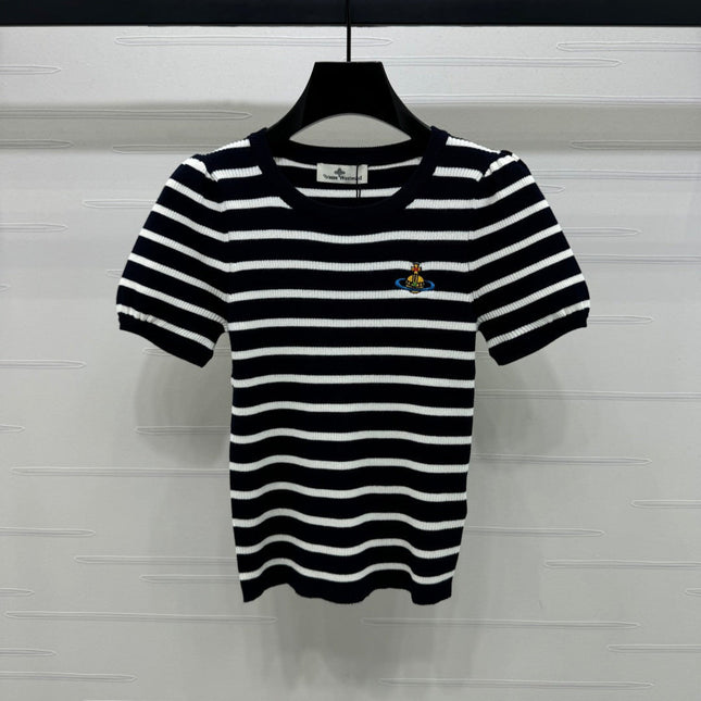 VIVIENE 25S SHORT SLEEVE STRIPED ROUND NECK KNIT SWEATER 264249