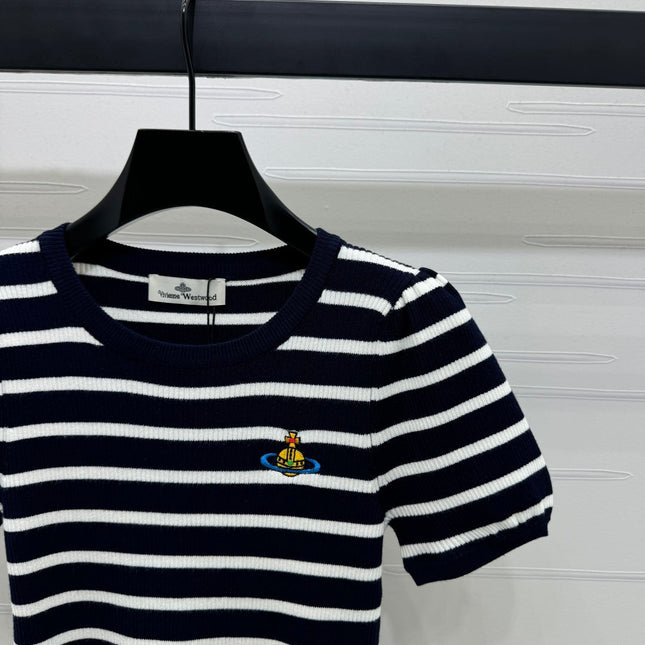 VIVIENE 25S SHORT SLEEVE STRIPED ROUND NECK KNIT SWEATER 264249