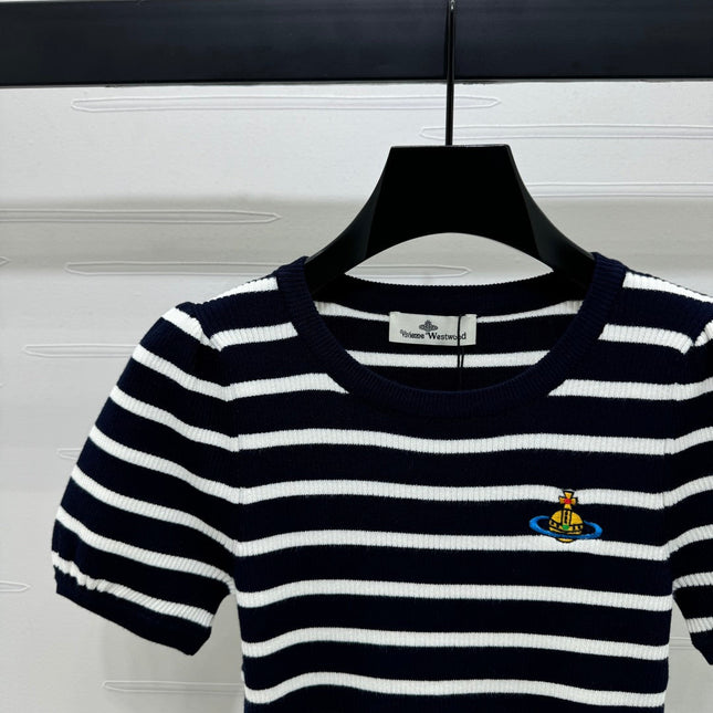 VIVIENE 25S SHORT SLEEVE STRIPED ROUND NECK KNIT SWEATER 264249