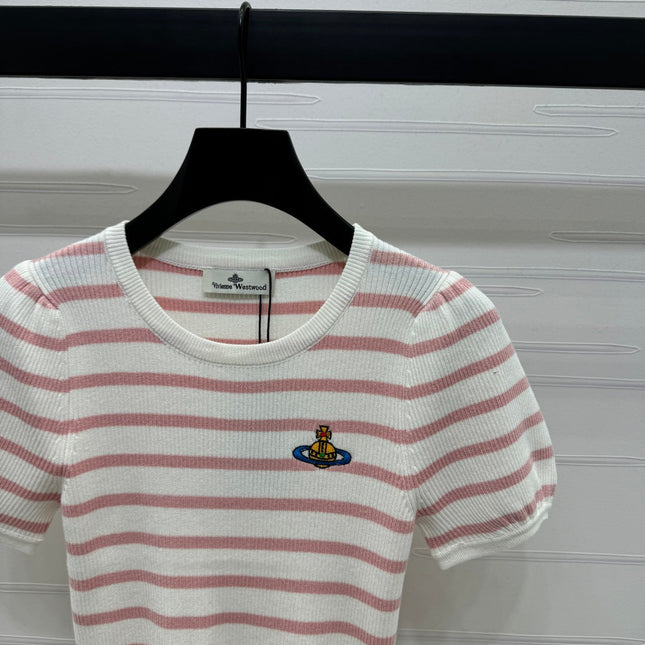 VIVIENE 25S SHORT SLEEVE STRIPED ROUND NECK KNIT SWEATER 264248