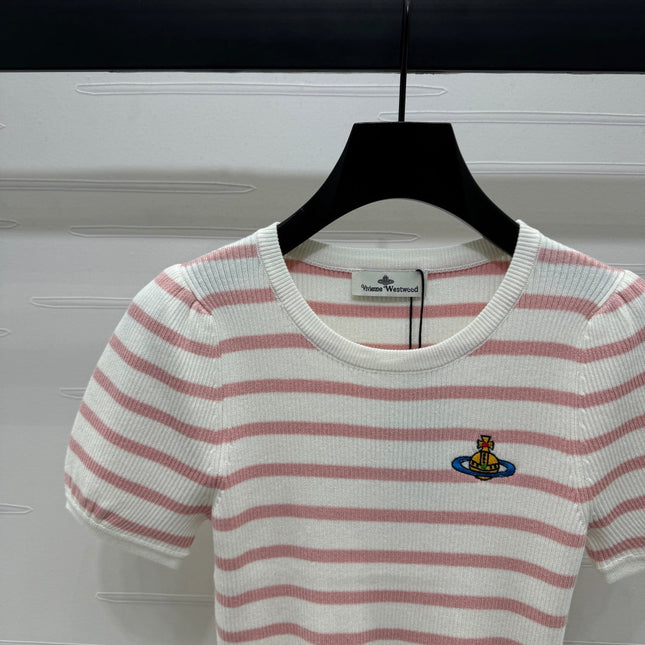 VIVIENE 25S SHORT SLEEVE STRIPED ROUND NECK KNIT SWEATER 264248