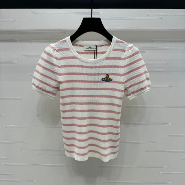 VIVIENE 25S SHORT SLEEVE STRIPED ROUND NECK KNIT SWEATER 264248