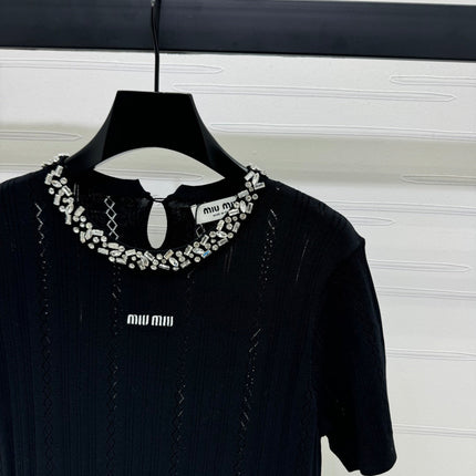 MIU 25S RHINESTONE COLLAR T-SHIRT 264097