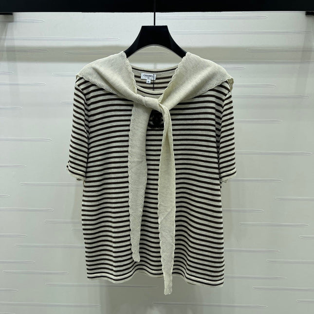 CHANEL 26S STRIPED KNIT TOP WITH SHOULDER TIE 1326