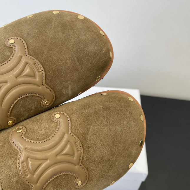 CELINE 26S FUR-LINED MULES IN OLIVE GREEN SUEDE