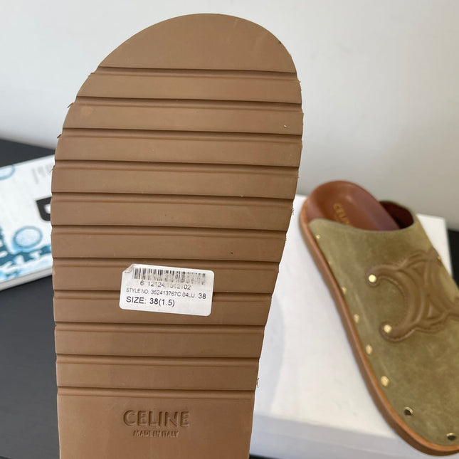 CELINE 26S MULE IN OLIVE GREEN SUEDE