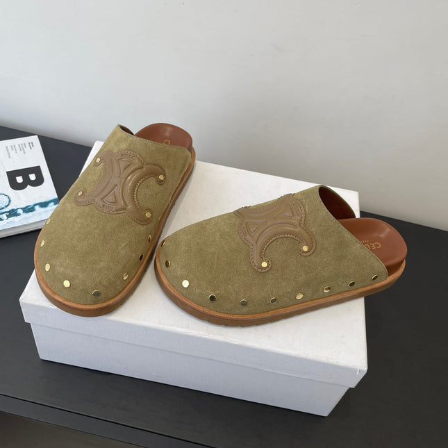 CELINE 26S MULE IN OLIVE GREEN SUEDE