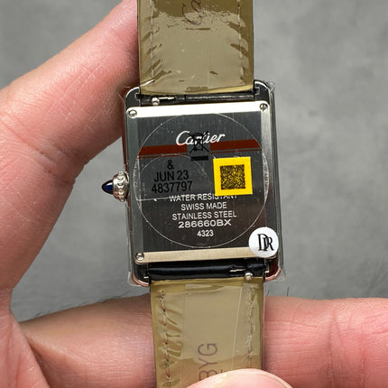 CARTIER TANK MUST SILVER CASE WITH BLACK LEATHER STRAP