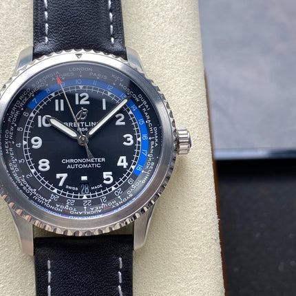 AVIATOR 8 AUTOMATIC STEEL CASE BLACK MIX BLUE DIAL BLACK CALFSKIN STRAP