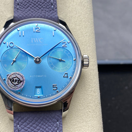 PORTUGIESER AUTOMATIC 42 WATCH SILVER CASE WITH NAVY BLUE LEATHER STRAP AND SAPPHIRE BLUE DIAL