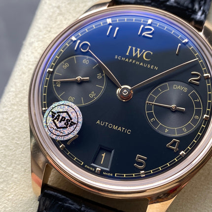 PORTUGIESER AUTOMATIC 42 WATCH ROSE GOLD CASE WITH BLACK DIAL AND LEATHER STRAP
