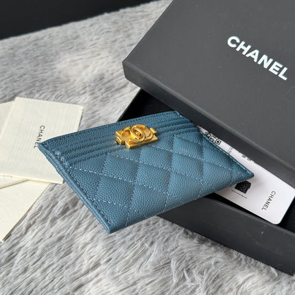 LEBOY CARD HOLDER 11 IN NEPAL BLUE GRAINED CALFSKIN GOLD-TONE HARDWARE