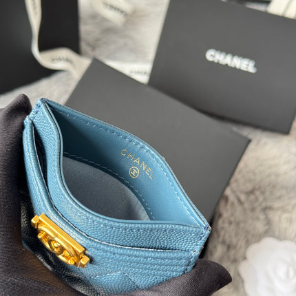 LEBOY CARD HOLDER 11 IN NEPAL BLUE GRAINED CALFSKIN GOLD-TONE HARDWARE