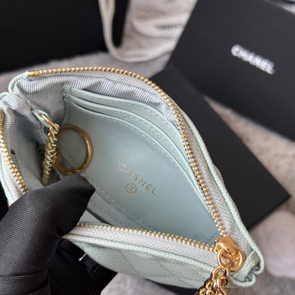 CC CLASSIC ZIPPED POUCH 14 IN MYSTIC GREEN GRAINED CALFSKIN GOLD-TONE CHARM CHAIN
