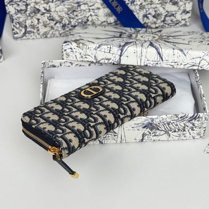 DIOR 25S LONG ZIPPER WALLET 19 IN BLUE OBLIQUE JACQUARD CANVAS