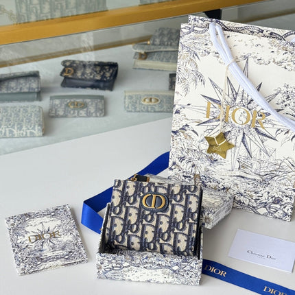 DIOR 25S 30 MONTAIGNE DAHLIA WALLET 11 IN BLUE DIOR OBLIQUE JACQUARD