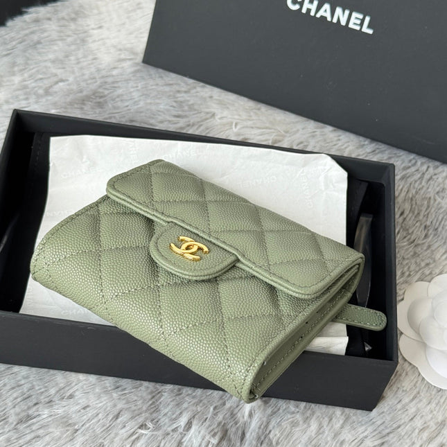 CHANEL 25S CF SMALL TRI FOLD WALLET 11 IN MOSS GREEN CAVIAR GOLD HARDWARE