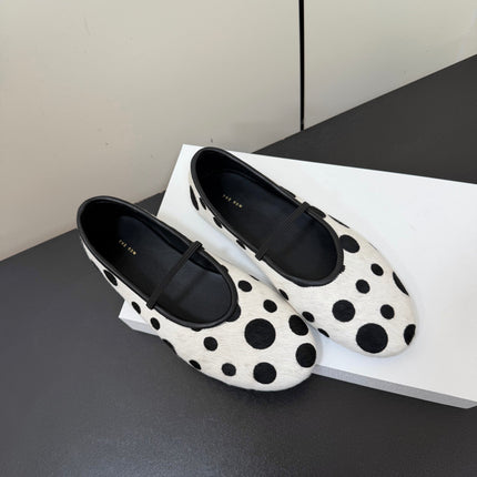 THE ROW 26S BALLET FLATS IN WHITE & BLACK POLKA DOT CALF HAIR CALFSKIN