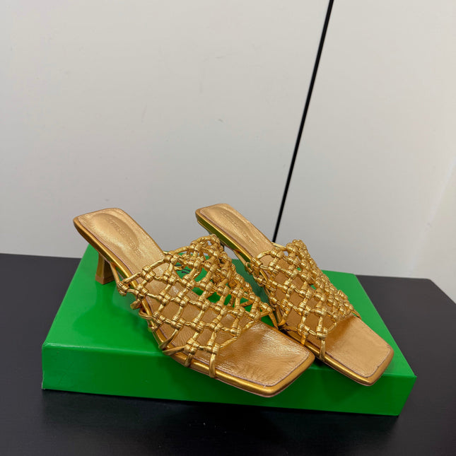 BOTTEGA VENETA 26S WOVEN STRAP HIGH-HEEL SANDALS 55 MM IN GOLD LAMBSKIN