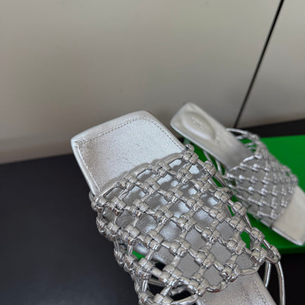 BOTTEGA VENETA 26S WOVEN STRAP HIGH-HEEL SANDALS 55 MM IN SILVER LAMBSKIN