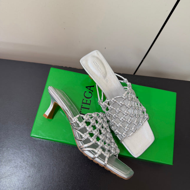 BOTTEGA VENETA 26S WOVEN STRAP HIGH-HEEL SANDALS 55 MM IN SILVER LAMBSKIN