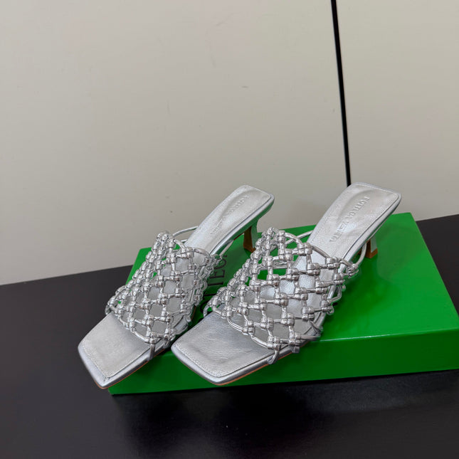 BOTTEGA VENETA 26S WOVEN STRAP HIGH-HEEL SANDALS 55 MM IN SILVER LAMBSKIN