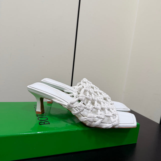 BOTTEGA VENETA 26S WOVEN STRAP HIGH-HEEL SANDALS 55 MM IN WHITE LAMBSKIN