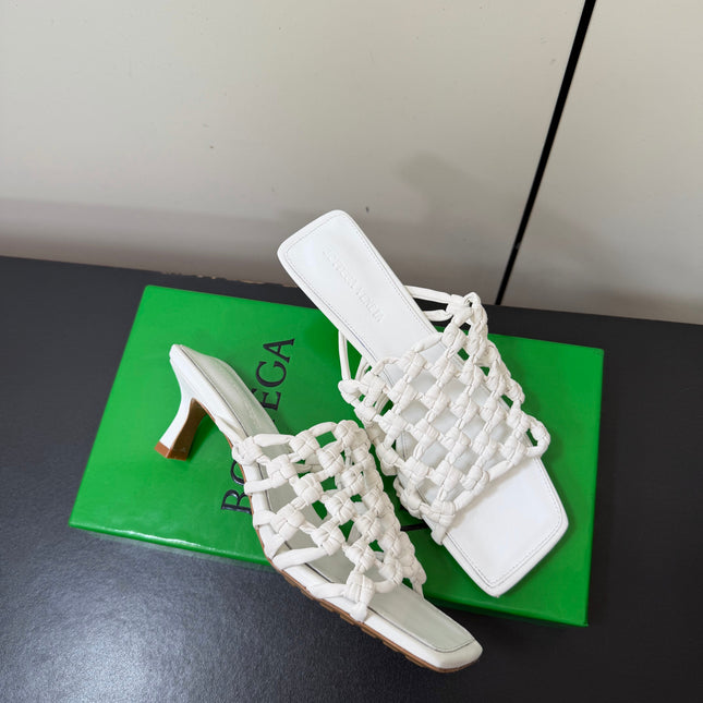 BOTTEGA VENETA 26S WOVEN STRAP HIGH-HEEL SANDALS 55 MM IN WHITE LAMBSKIN