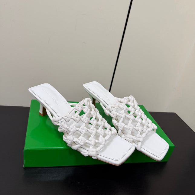 BOTTEGA VENETA 26S WOVEN STRAP HIGH-HEEL SANDALS 55 MM IN WHITE LAMBSKIN