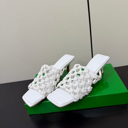 BOTTEGA VENETA 26S WOVEN STRAP HIGH-HEEL SANDALS 55 MM IN WHITE LAMBSKIN