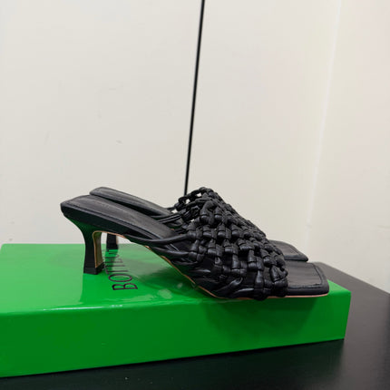 BOTTEGA VENETA 26S WOVEN STRAP HIGH-HEEL SANDALS 55 MM IN BLACK LAMBSKIN