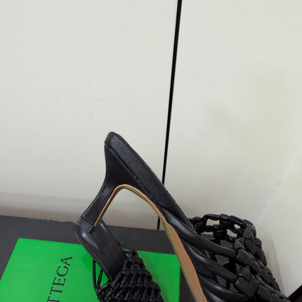 BOTTEGA VENETA 26S WOVEN STRAP HIGH-HEEL SANDALS 55 MM IN BLACK LAMBSKIN
