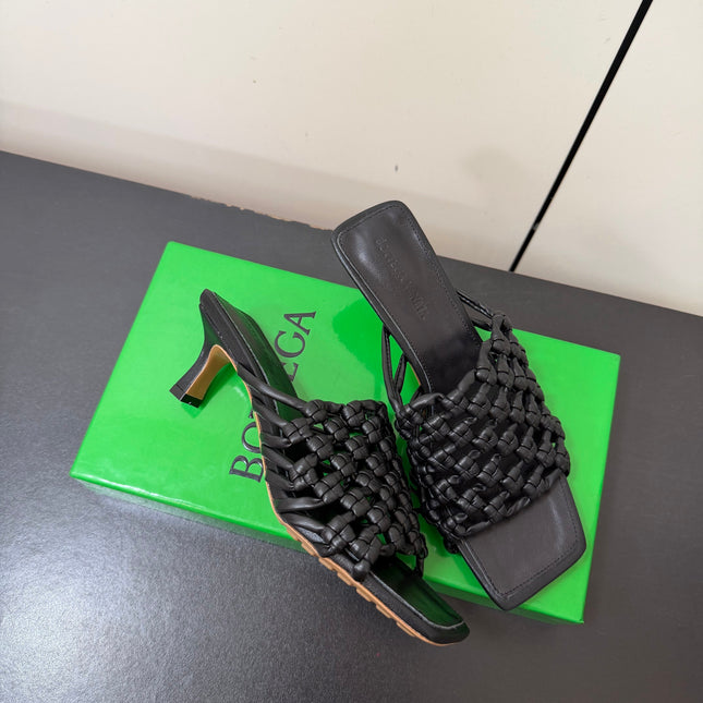 BOTTEGA VENETA 26S WOVEN STRAP HIGH-HEEL SANDALS 55 MM IN BLACK LAMBSKIN