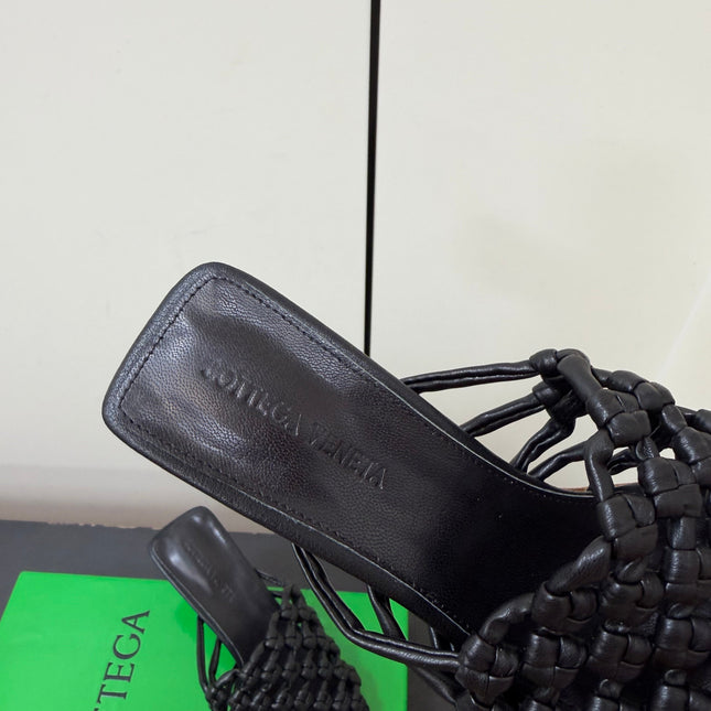 BOTTEGA VENETA 26S WOVEN STRAP HIGH-HEEL SANDALS 55 MM IN BLACK LAMBSKIN