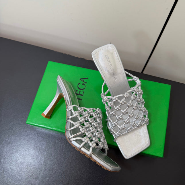 BOTTEGA VENETA 26S WOVEN STRAP HIGH-HEEL SANDALS 85 MM IN SILVER LAMBSKIN