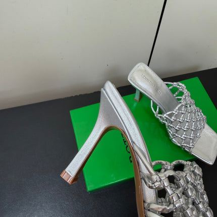 BOTTEGA VENETA 26S WOVEN STRAP HIGH-HEEL SANDALS 85 MM IN SILVER LAMBSKIN