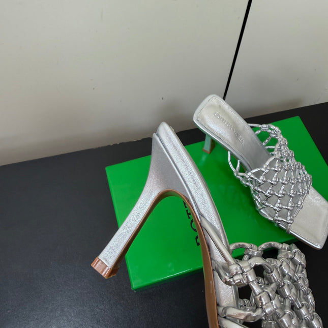 BOTTEGA VENETA 26S WOVEN STRAP HIGH-HEEL SANDALS 85 MM IN SILVER LAMBSKIN