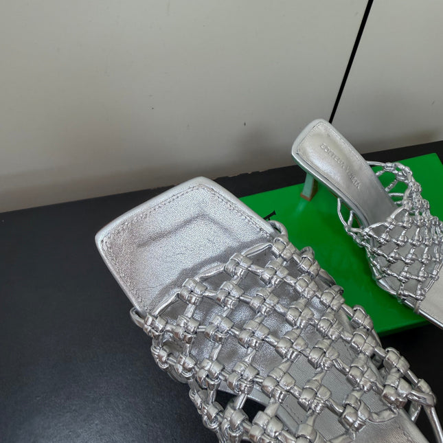 BOTTEGA VENETA 26S WOVEN STRAP HIGH-HEEL SANDALS 85 MM IN SILVER LAMBSKIN