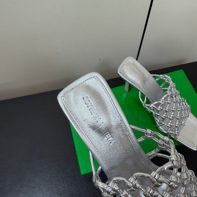 BOTTEGA VENETA 26S WOVEN STRAP HIGH-HEEL SANDALS 85 MM IN SILVER LAMBSKIN