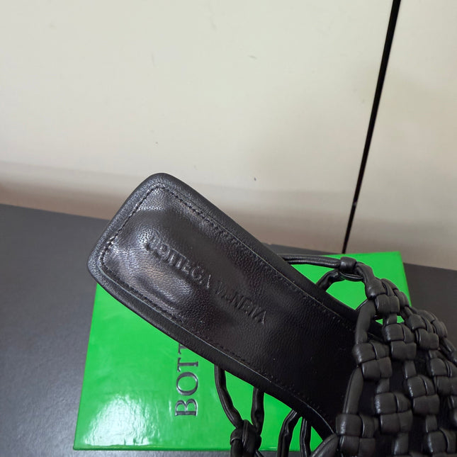 BOTTEGA VENETA 26S WOVEN STRAP HIGH-HEEL SANDALS 85 MM IN BLACK LAMBSKIN