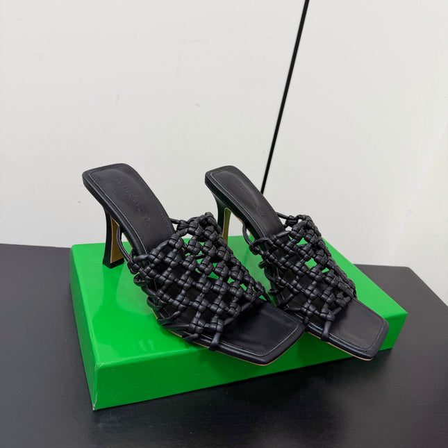 BOTTEGA VENETA 26S WOVEN STRAP HIGH-HEEL SANDALS 85 MM IN BLACK LAMBSKIN