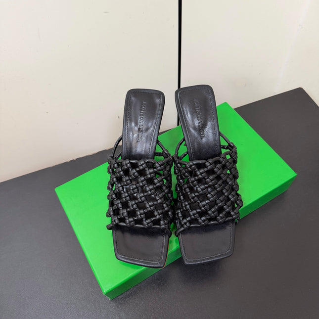 BOTTEGA VENETA 26S WOVEN STRAP HIGH-HEEL SANDALS 85 MM IN BLACK LAMBSKIN
