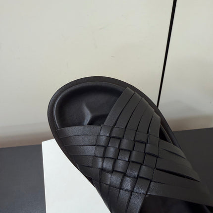 THE ROW 26S CROSS STRAP SANDALS IN BLACK CALFSKIN