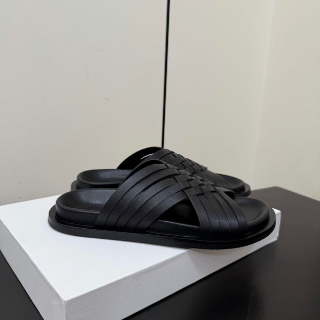 THE ROW 26S CROSS STRAP SANDALS IN BLACK CALFSKIN