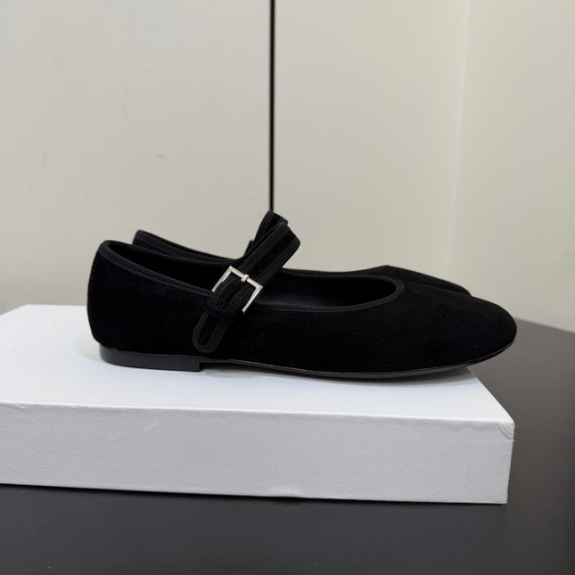THE ROW 26S MARY JANE BALLET FLATS IN BLACK SUEDE WITH SILVER HARDWARE