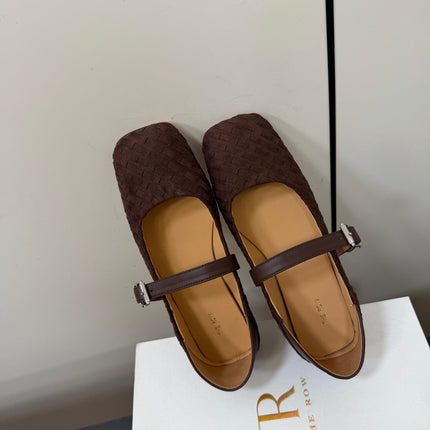 THE ROW 26S MARY JANE BALLET FLATS IN DARK BROWN SUEDE AND CALFSKIN